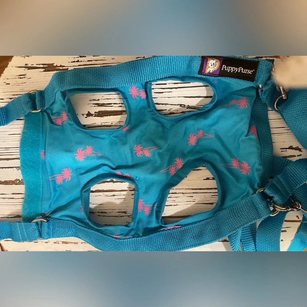 Turquoise and Pink Palm Trees Puppy Purse and Harness Medium